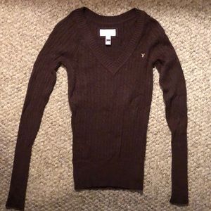 Brown American Eagle V neck cable knit sweater.